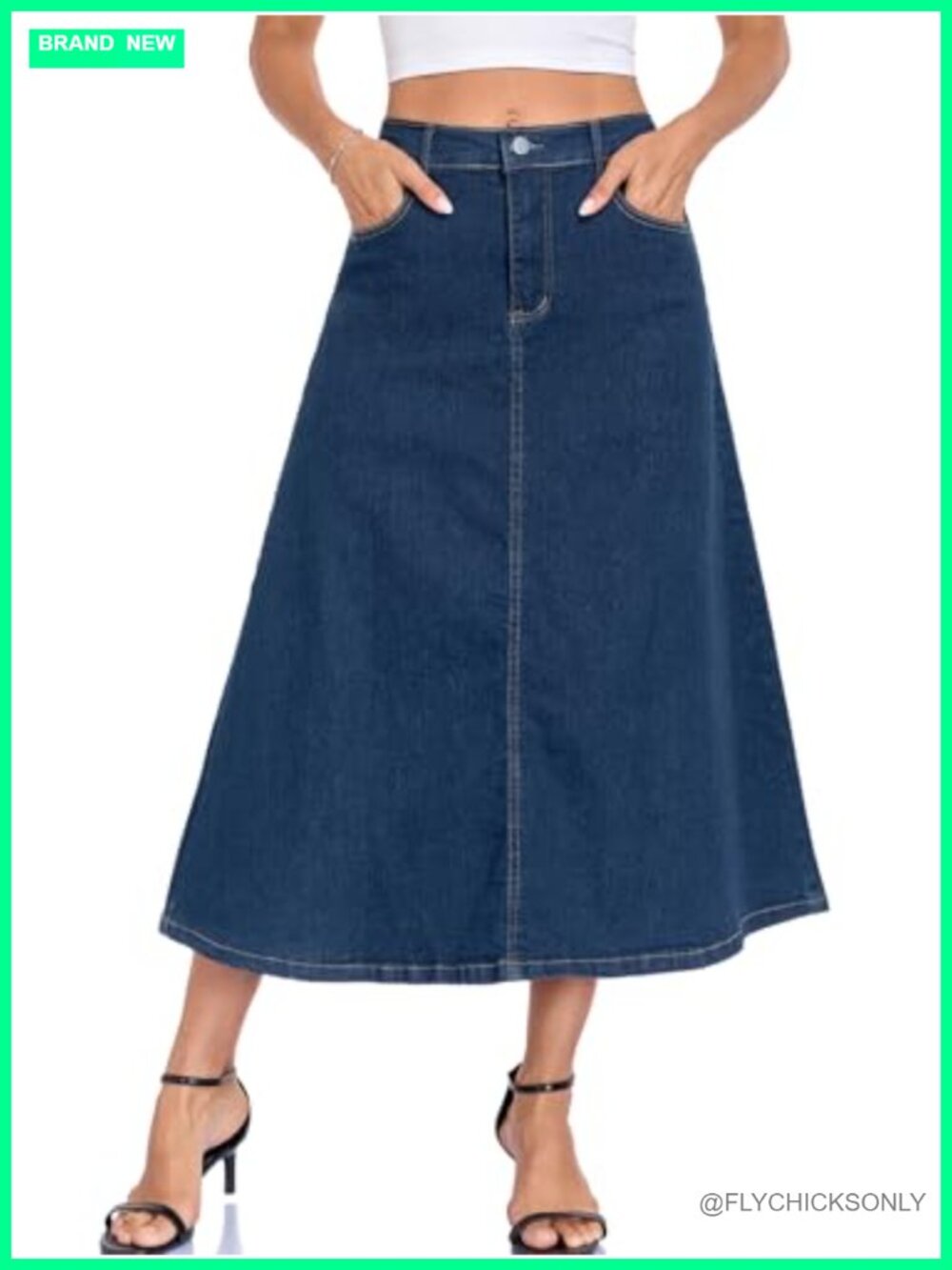 Womens Stretch Denim A-Line Flared Midi Skirt High Waisted with Pockets